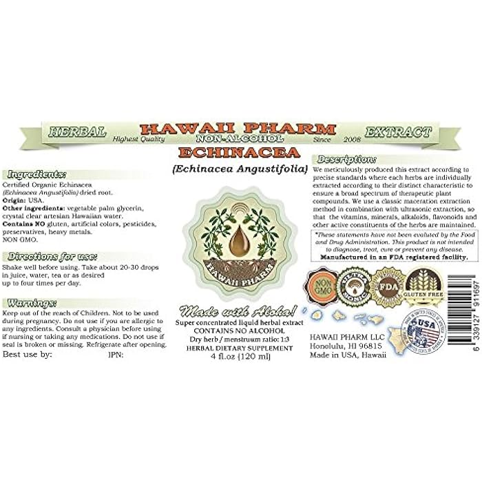 Hawaii Pharm Echinacea Alcohol-Free Liquid Extract, Echinacea (Echinacea Angustifolia) Dried Root Glycerite Natural Herbal Supplement 2 oz - Image 2