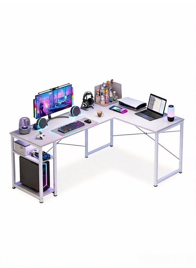 Zanotta White L-Shaped Gaming Table Computer Desk with Corner Stand - Reversible Study Desk Home Office Workstation White Black - Image 2