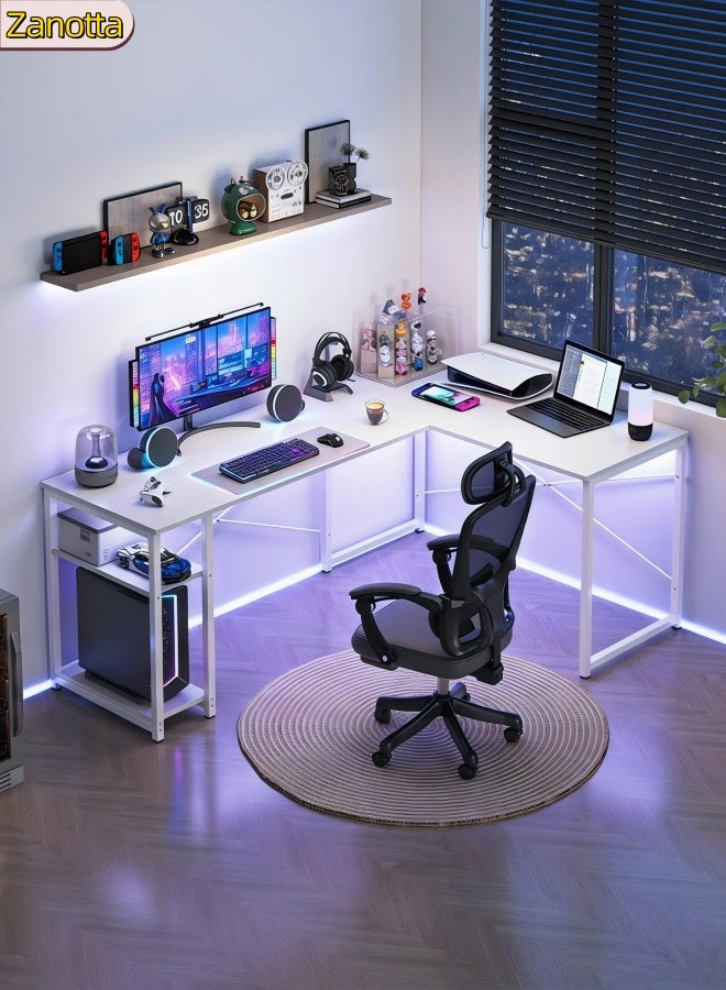 Zanotta White L-Shaped Gaming Table Computer Desk with Corner Stand - Reversible Study Desk Home Office Workstation White Black - Image 1