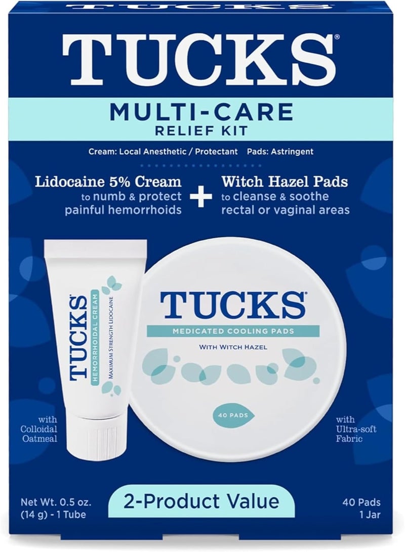Tucks MultiCare Relief Kit 40 Count Witch Hazel Pads 05 oz Lidocaine Cream Protects from Irritation Hemorrhoid Treatment Medicated Pads Used by Hospitals