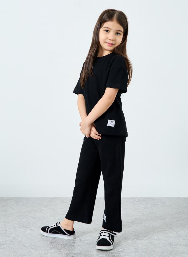 Styli Girls Black Waffle Knit Top and Relaxed Joggers Set - Image 1