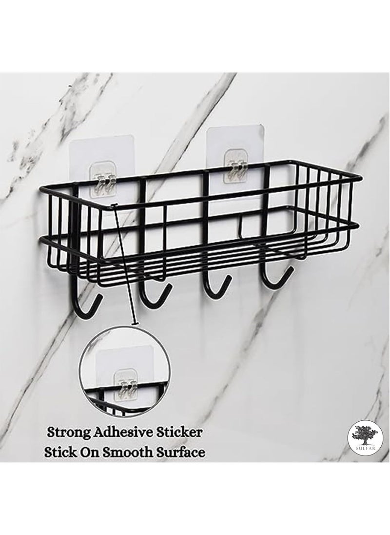 sulfar Stainless Steel Self Adhesive Multipurpose Bathroom Shelf with Hooks/Towel Holder/Rack/Bathroom Accessories-Wall Mount (Black,Powder Coated) (Pack of 1) Silver  - Image 4