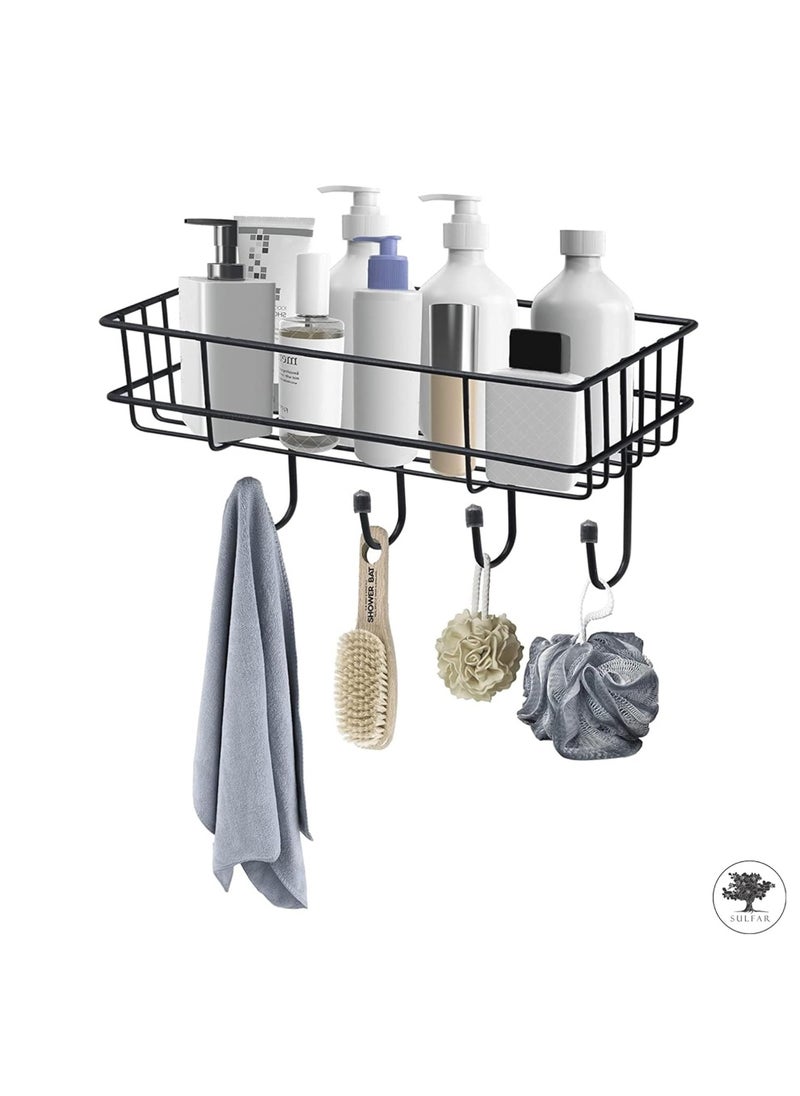 sulfar Stainless Steel Self Adhesive Multipurpose Bathroom Shelf with Hooks/Towel Holder/Rack/Bathroom Accessories-Wall Mount (Black,Powder Coated) (Pack of 1) Silver  - Image 3