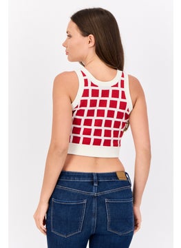 ESPRIT Women Crew Neck Checkered Crop Top, Red  - Image 3