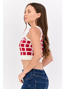 ESPRIT Women Crew Neck Checkered Crop Top, Red  - Image 4