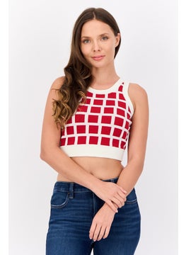 ESPRIT Women Crew Neck Checkered Crop Top, Red  - Image 1