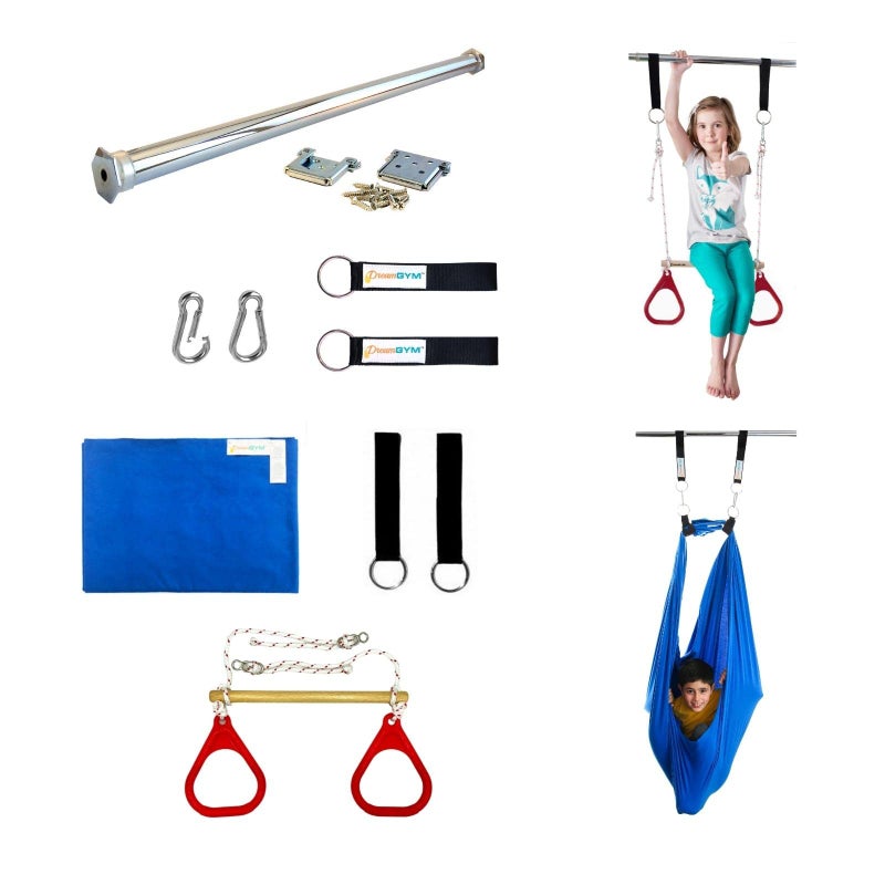 DreamGYM DreamGYM Doorway Sensory Swing Kit  Blue Compression Swing and Trapeze Bar with Red Gym Rings Combo 