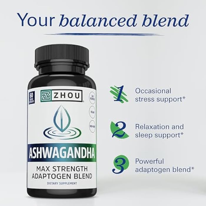 Zhou Nutrition Ashwagandha Capsules, Mood Enhancer, Energy Boost, Blend of Rhodiola, Holy Basil, Cordyceps, Reishi & Ashwagandha Supplement, 30 Servings, 60 Capsules - Image 3