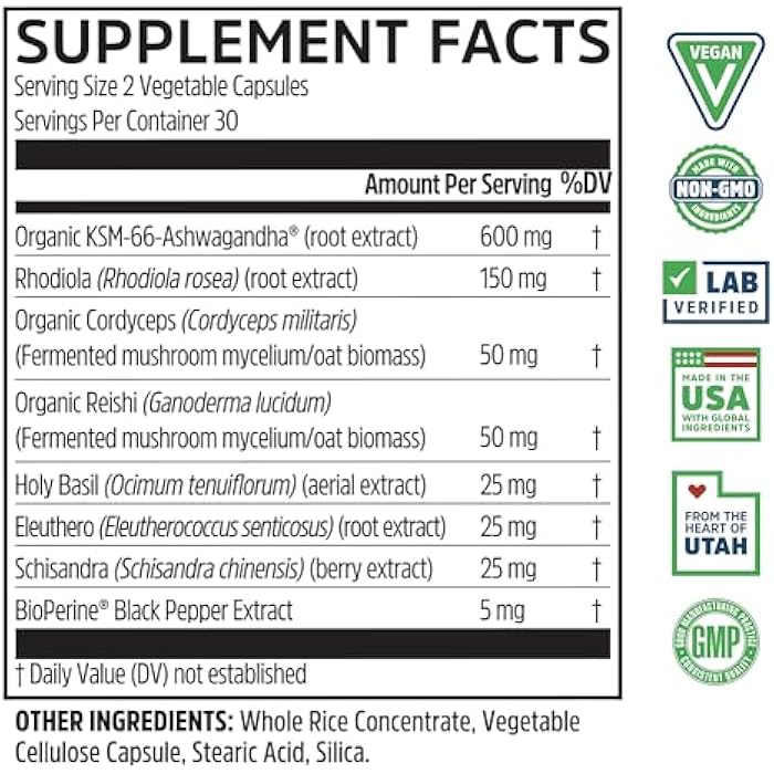 Zhou Nutrition Ashwagandha Capsules, Mood Enhancer, Energy Boost, Blend of Rhodiola, Holy Basil, Cordyceps, Reishi & Ashwagandha Supplement, 30 Servings, 60 Capsules - Image 2