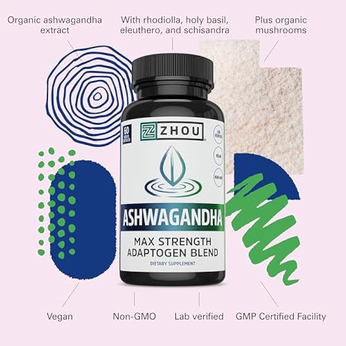 Zhou Nutrition Ashwagandha Capsules, Mood Enhancer, Energy Boost, Blend of Rhodiola, Holy Basil, Cordyceps, Reishi & Ashwagandha Supplement, 30 Servings, 60 Capsules - Image 4