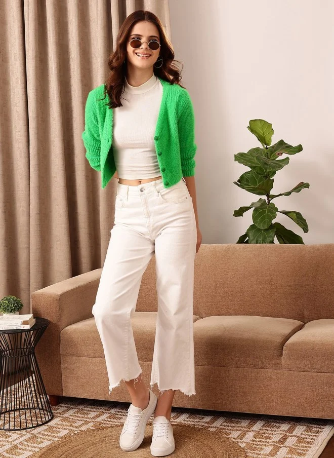 STREET 9 Green Ribbed Acrylic Crop Cardigan for Women