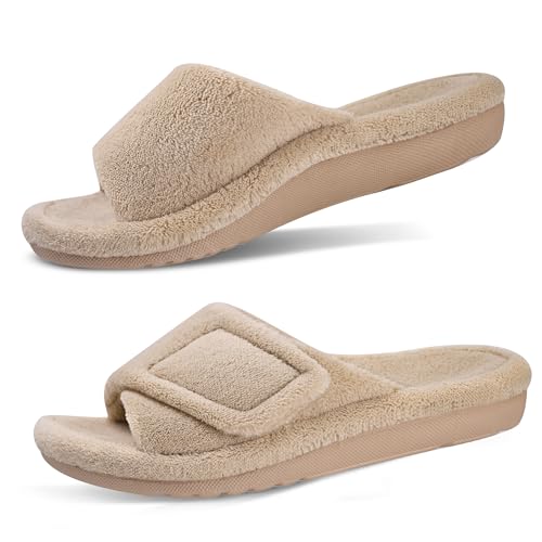 GRITHEIM Women's Orthotic Arch Support Slippers Fuzzy Adjustable Orthopedic Slippers for Plantar Fasciitis Furry Slide for Ladies (Brown,8) - Image 1
