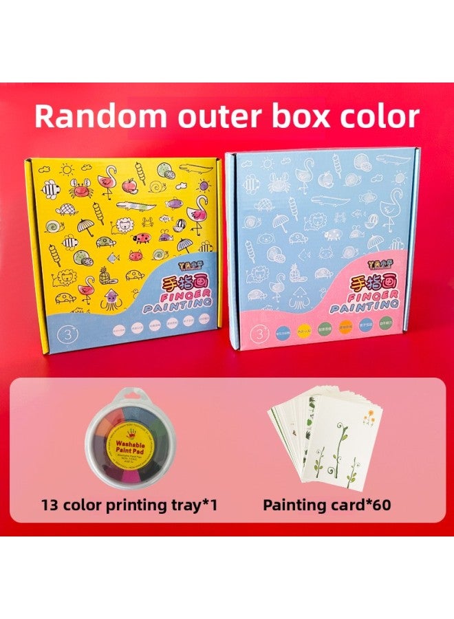 Children's Finger Painting Coloring Painting Picture Book Kindergarten Palm Stippling Toy Inkpad Painting Tool Paint Painting-Color:13-color Round Printing Table +60 Picture Cards