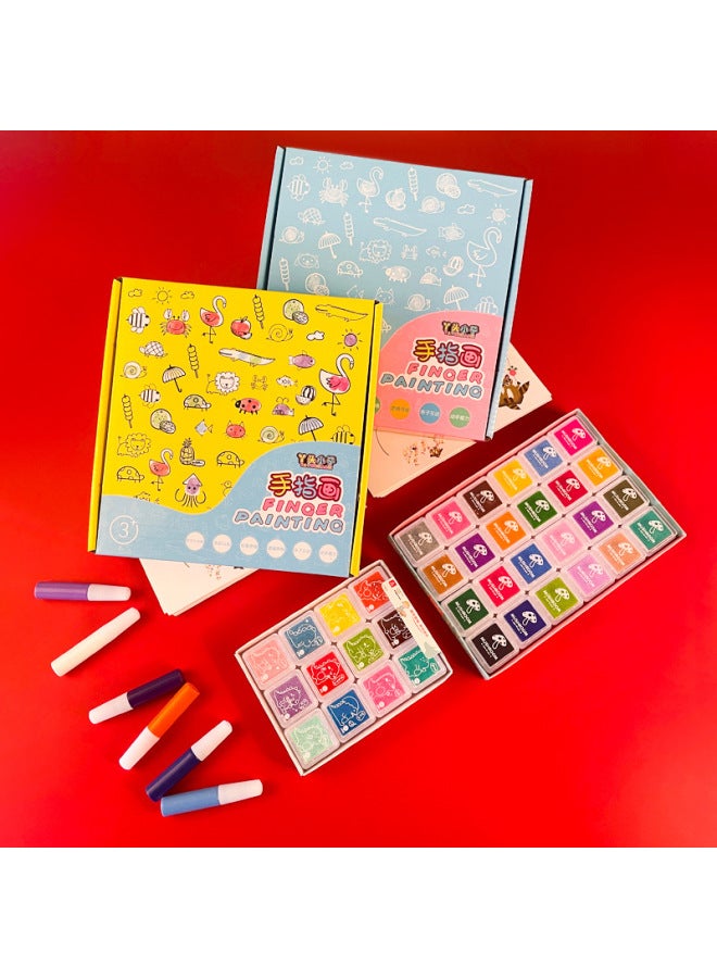 Children's Finger Painting Coloring Painting Picture Book Kindergarten Palm Stippling Toy Inkpad Painting Tool Paint Painting-Color:13-color Round Printing Table +60 Picture Cards