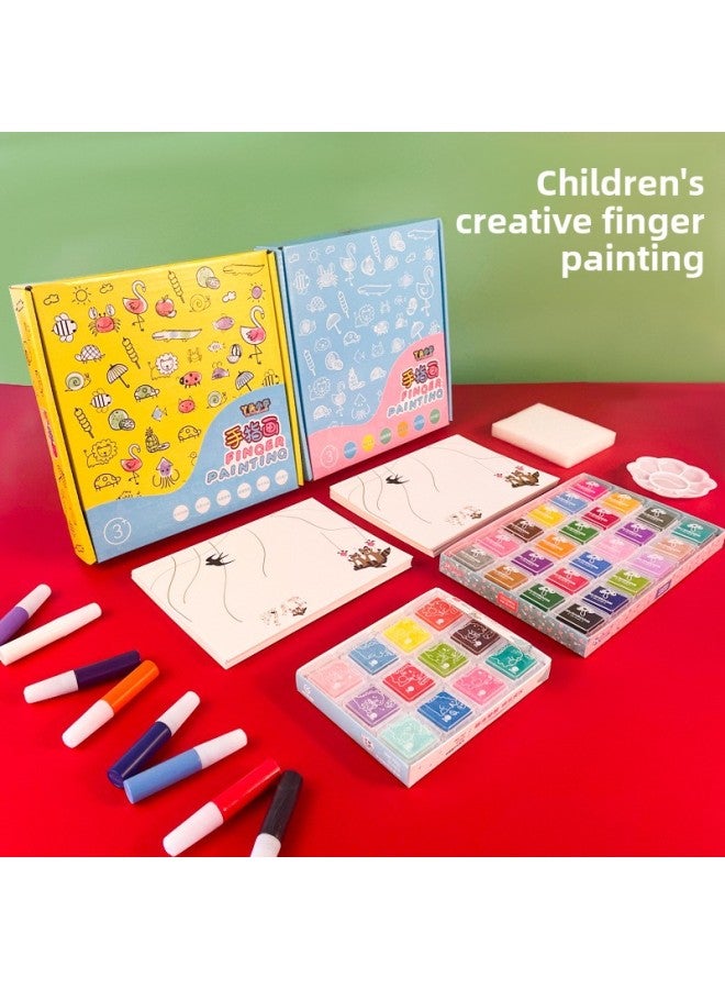 Children's Finger Painting Coloring Painting Picture Book Kindergarten Palm Stippling Toy Inkpad Painting Tool Paint Painting-Color:13-color Round Printing Table +60 Picture Cards