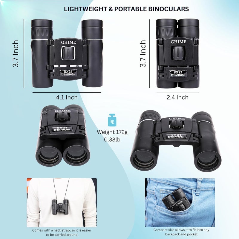 GHIME Binoculars for Long Distance 8x21 Compact Binocular Small Clear View, Easy Focus Lightweight Portable Binoculars for Bird Watching, Travel, Concert (8x21) - Image 3