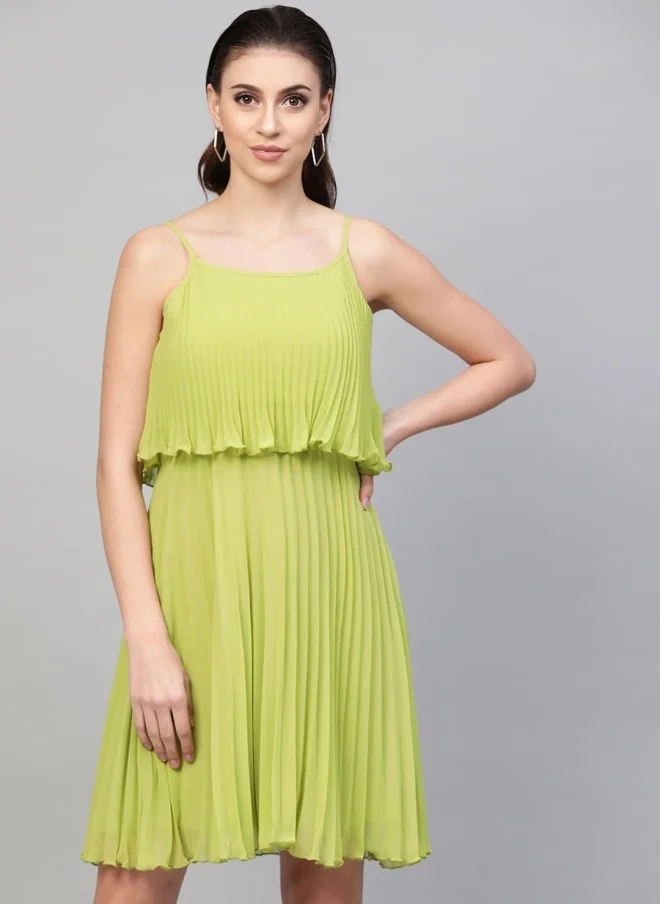 SASSAFRAS Lime Green Accordion Pleated A-Line Dress for Women