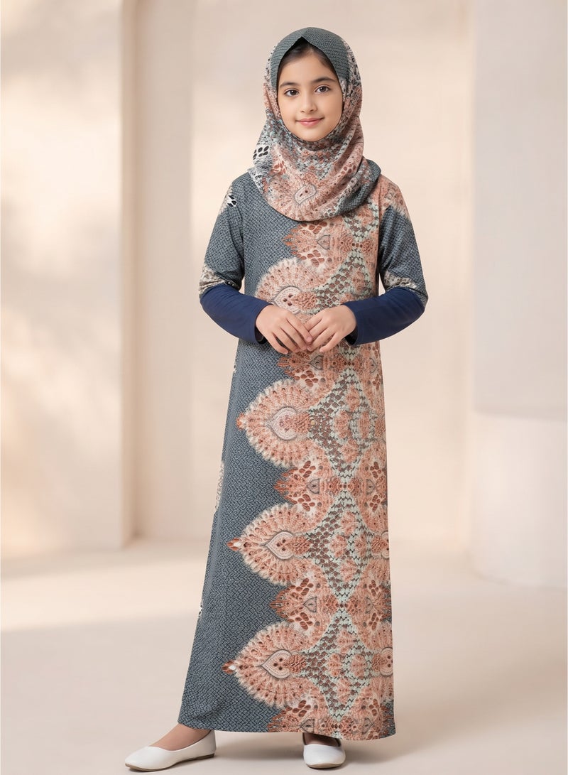 Girls' Prayer Esdall Abaya with Hood - Size 10, Patterned - Image 1