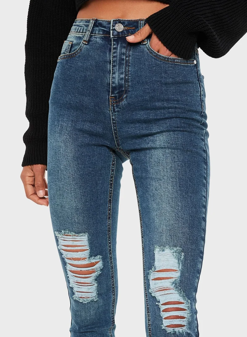 Missguided High Waisted Ripped Skinny Jeans