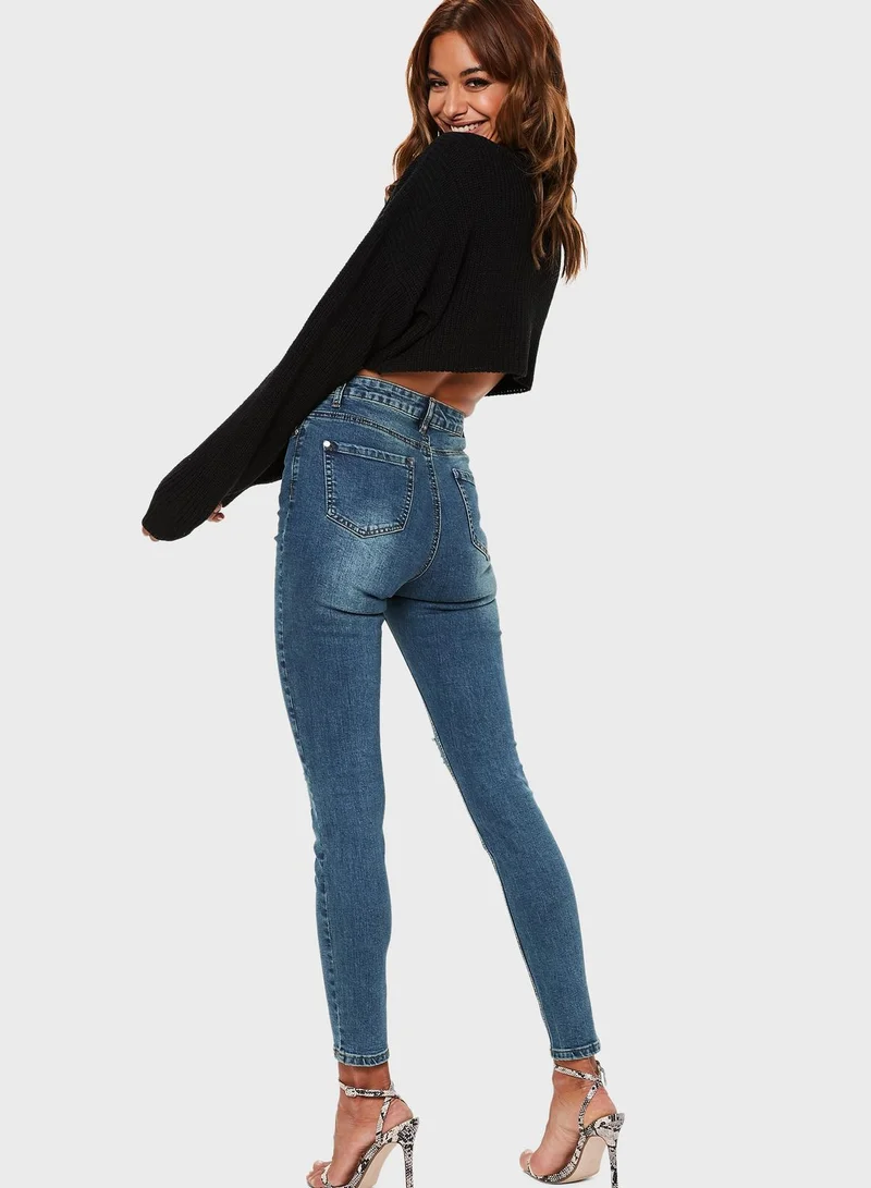 Missguided High Waisted Ripped Skinny Jeans
