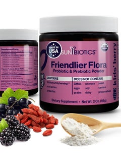 SUNBIOTICS Friendlier Flora - Kids Prebiotic and Probiotic Powder Supplement with 5 Billion CFUs of 5 Probiotic Strains for Good Gut Flora, Immune System, & Balanced Microbiome - Berry, 2 Ounce