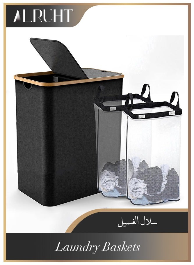 Alruht Double Laundry Hamper with Lid, Divided Laundry Hamper with Removable Bags, 2 Section Dirty Clothes Basket with Handles, Foldable laundry Hamper for Bathroom, Bedroom (Black, 150L) - Image 1