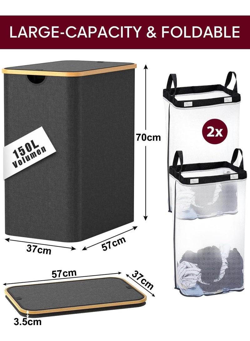 Alruht Double Laundry Hamper with Lid, Divided Laundry Hamper with Removable Bags, 2 Section Dirty Clothes Basket with Handles, Foldable laundry Hamper for Bathroom, Bedroom (Black, 150L) - Image 2
