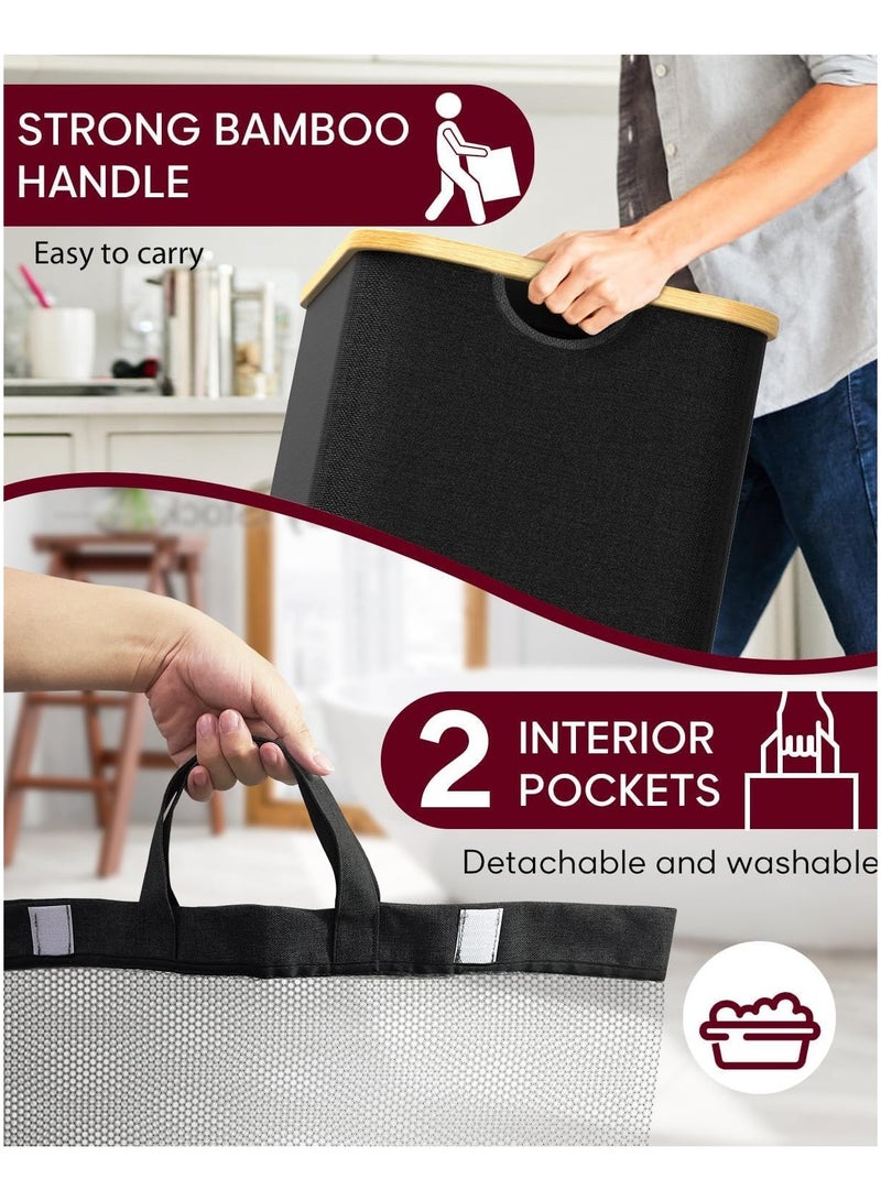 Alruht Double Laundry Hamper with Lid, Divided Laundry Hamper with Removable Bags, 2 Section Dirty Clothes Basket with Handles, Foldable laundry Hamper for Bathroom, Bedroom (Black, 150L) - Image 3