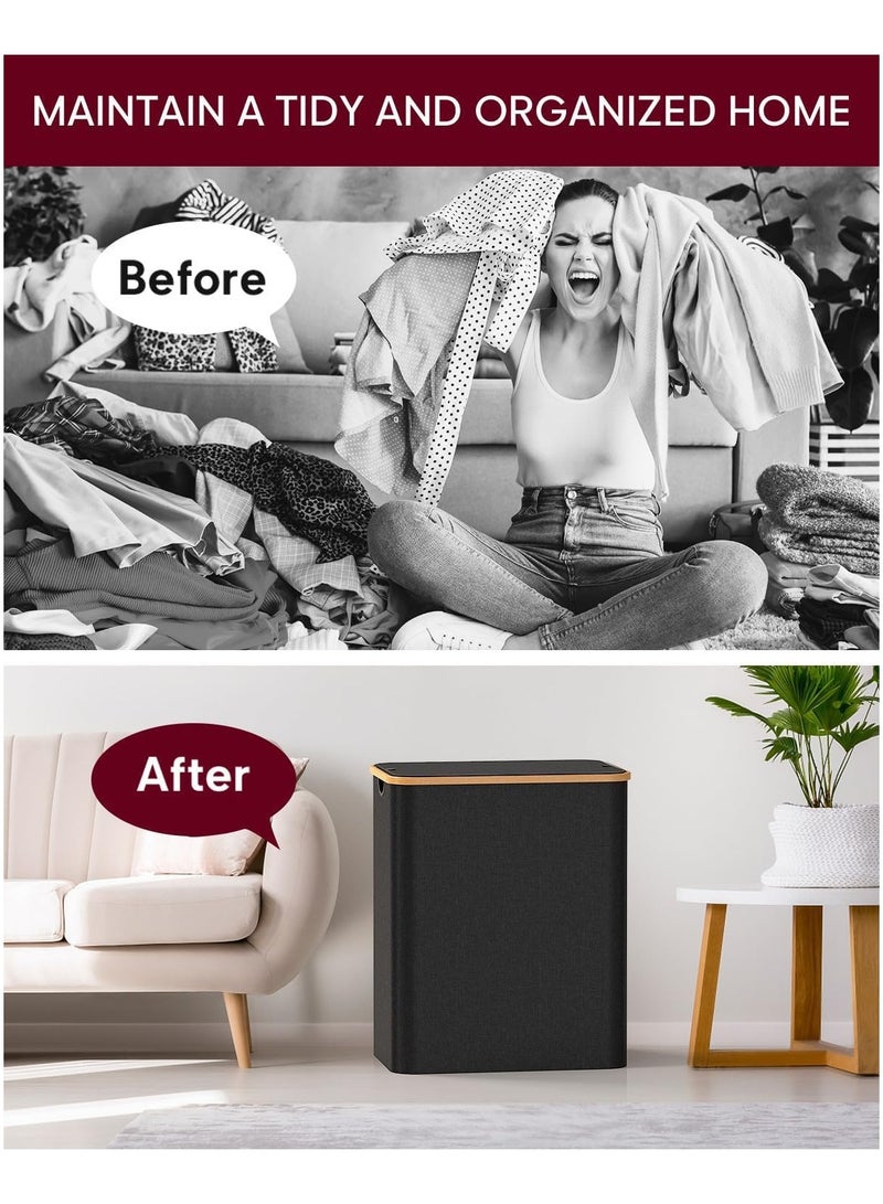 Alruht Double Laundry Hamper with Lid, Divided Laundry Hamper with Removable Bags, 2 Section Dirty Clothes Basket with Handles, Foldable laundry Hamper for Bathroom, Bedroom (Black, 150L) - Image 4
