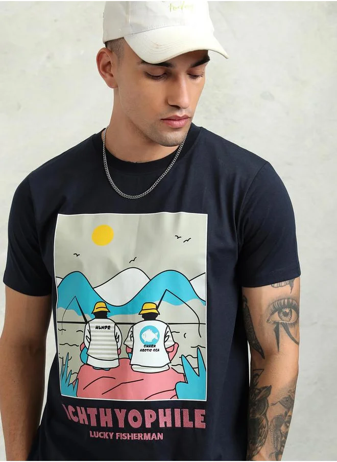 هاي لاندر Graphic Print Regular Fit Round Neck T-Shirt