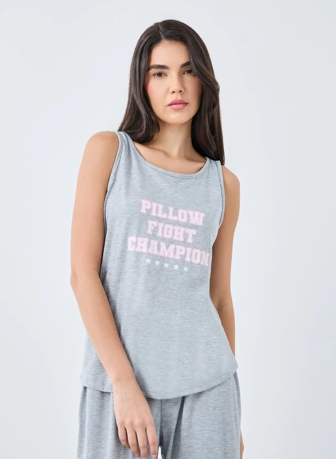 ستايلي Styli Pillow Fight Slogan Tank and Ruffle Waist Pyjama Set