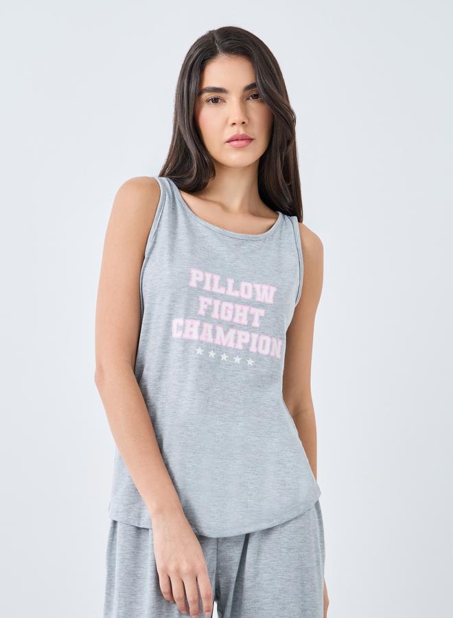 Styli Pillow Fight Slogan Tank and Ruffle Waist Pyjama Set - Image 2