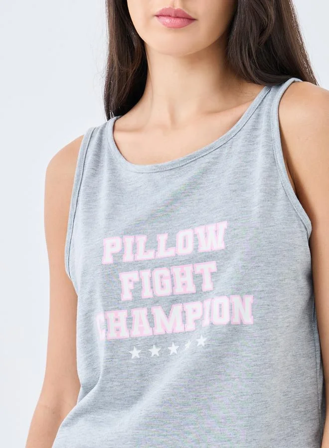Styli Styli Pillow Fight Slogan Tank and Ruffle Waist Pyjama Set