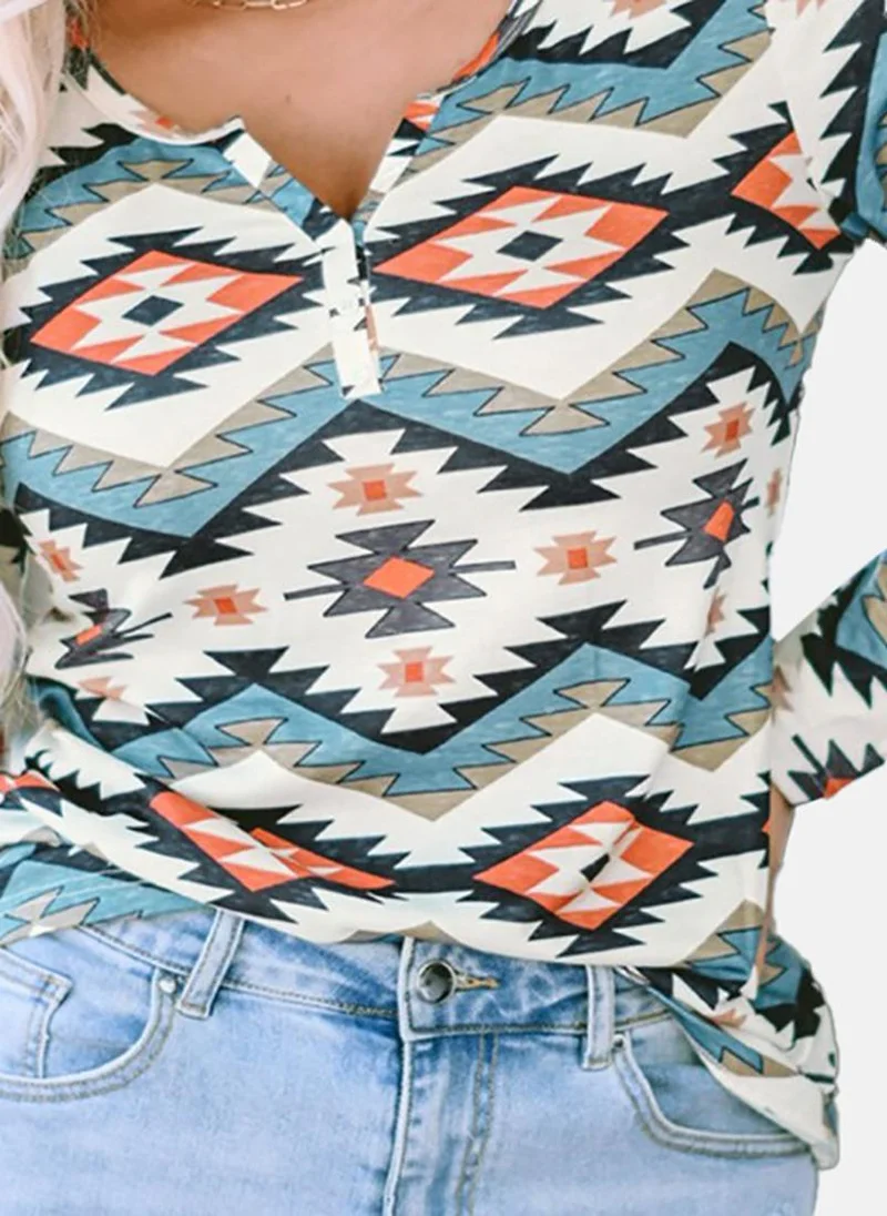 يونيكي White Printed Long Sleeve Henley Tunics