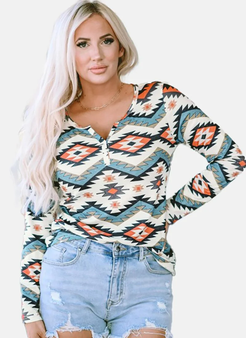يونيكي White Printed Long Sleeve Henley Tunics
