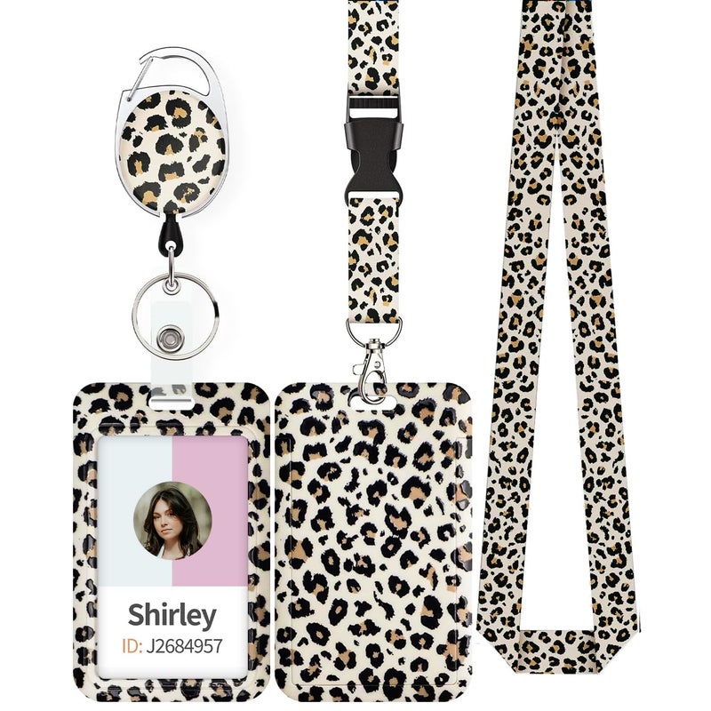 Uniclife Fashionable Sliding Badge Holder Leopard Print Plastic Case with Retractable Badge Reel Carabiner Clip & Detachable Lanyard Strap Vertical Card Protector for Worker Nurse Teacher Student - Image 1