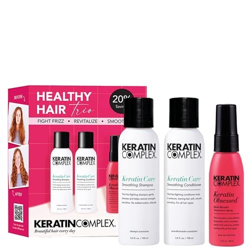 KERATIN COMPLEX مجموعة كيراتين كومبلكس - ثلاثي الشعر الصحي - شامبو وبلسم كيراتين، 3.4 أونصة سائلة وسبراي علاج متعدد الفوائد كيراتين أوبسست، 1.7 أونصة سائلة - Image 1