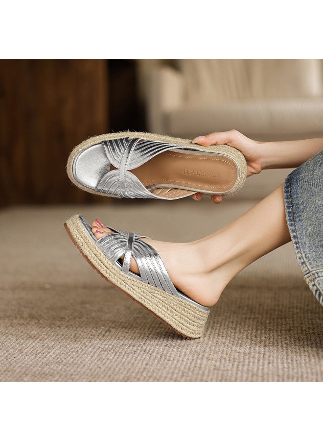 AME Straw Woven Resort Wedge Sandals 2025, Elegant Butterfly Wing Retro Flip Flops, Premium Beach Sandals - Image 2