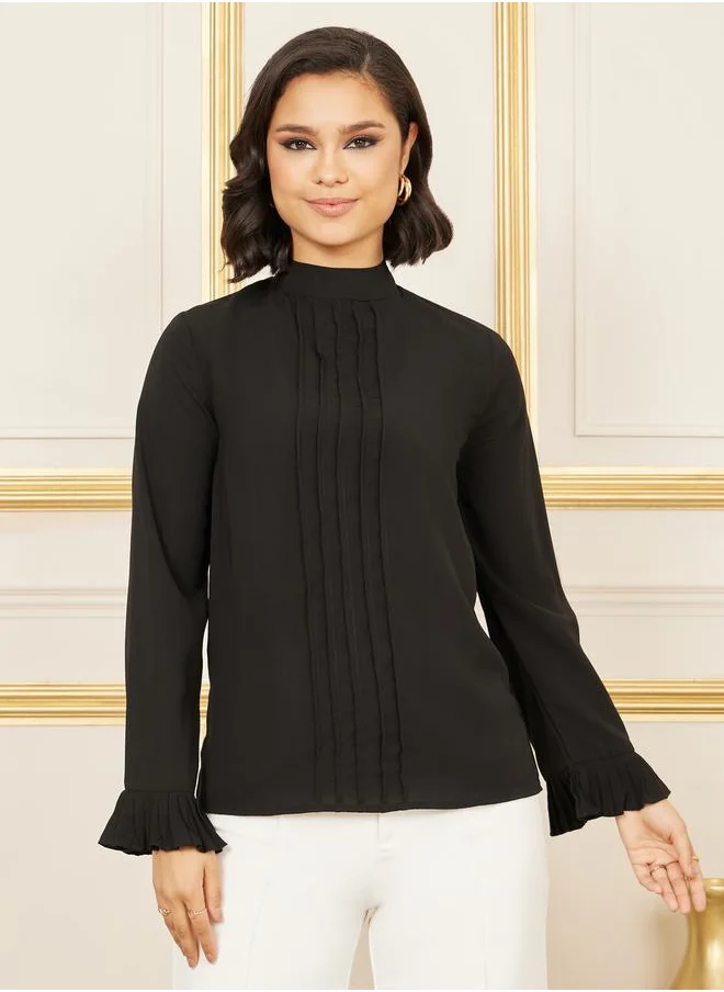 Styli Pleated Trim Detail High Neck Blouse