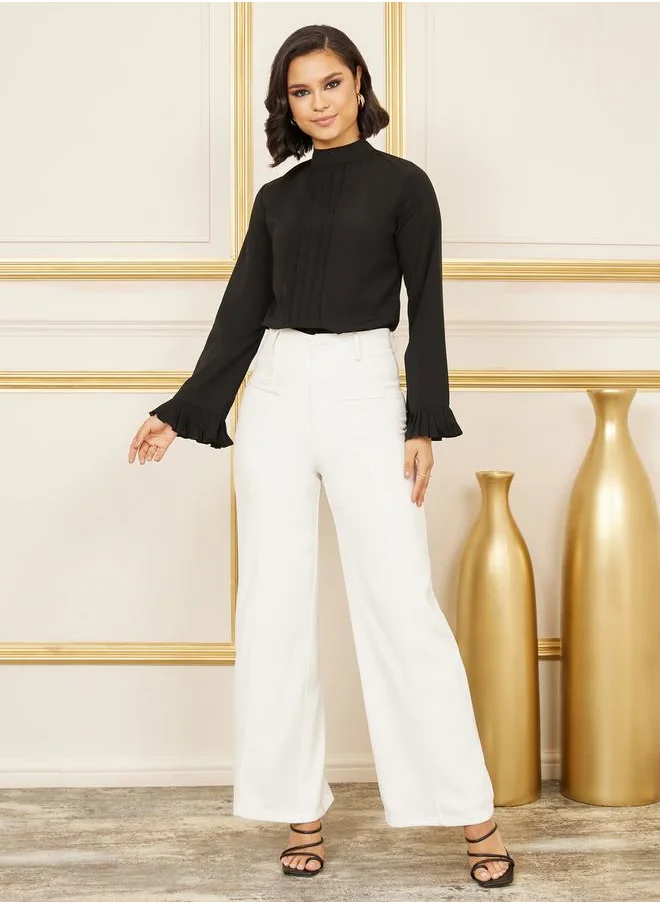 Styli Pleated Trim Detail High Neck Blouse