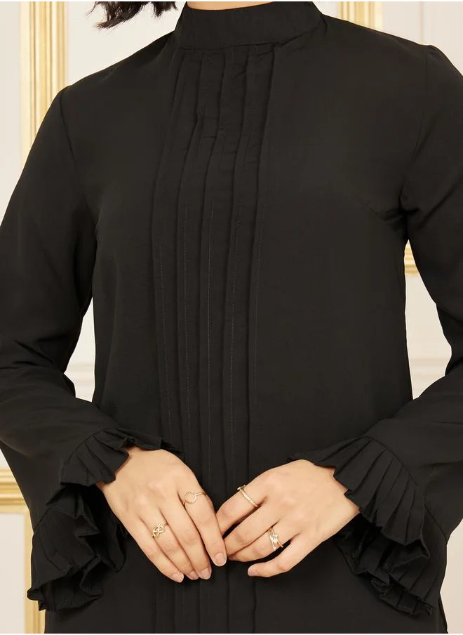 Styli Pleated Trim Detail High Neck Blouse