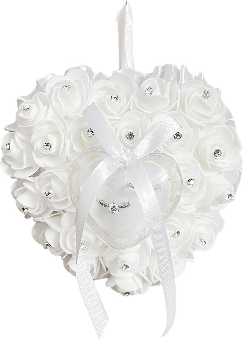 COSLANLEE Wedding Ring Bearer Pillow Décor with Satin Crystal Heart and Rhinestones, Lace Bow Flower Ring Cushion Holder Box Pearl Diamonds Ribbon for Beach Proposal Ceremony Party 5.9x6.3 inch - Image 1