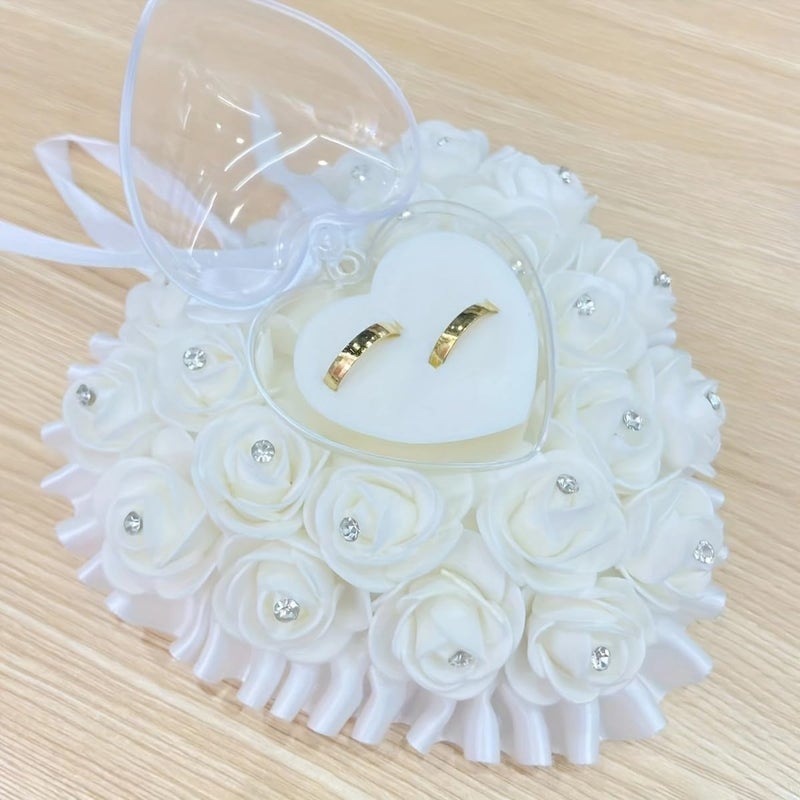 COSLANLEE Wedding Ring Bearer Pillow Décor with Satin Crystal Heart and Rhinestones, Lace Bow Flower Ring Cushion Holder Box Pearl Diamonds Ribbon for Beach Proposal Ceremony Party 5.9x6.3 inch - Image 2