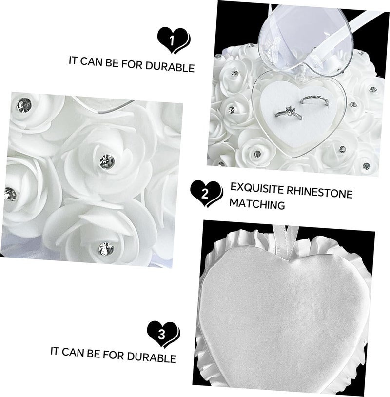 COSLANLEE Wedding Ring Bearer Pillow Décor with Satin Crystal Heart and Rhinestones, Lace Bow Flower Ring Cushion Holder Box Pearl Diamonds Ribbon for Beach Proposal Ceremony Party 5.9x6.3 inch - Image 5