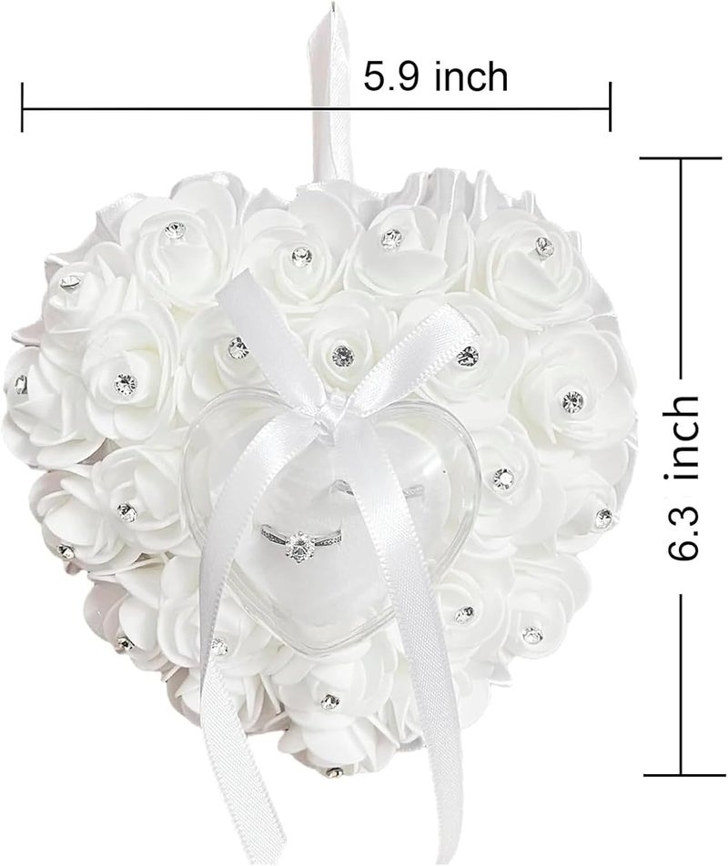 COSLANLEE Wedding Ring Bearer Pillow Décor with Satin Crystal Heart and Rhinestones, Lace Bow Flower Ring Cushion Holder Box Pearl Diamonds Ribbon for Beach Proposal Ceremony Party 5.9x6.3 inch - Image 3