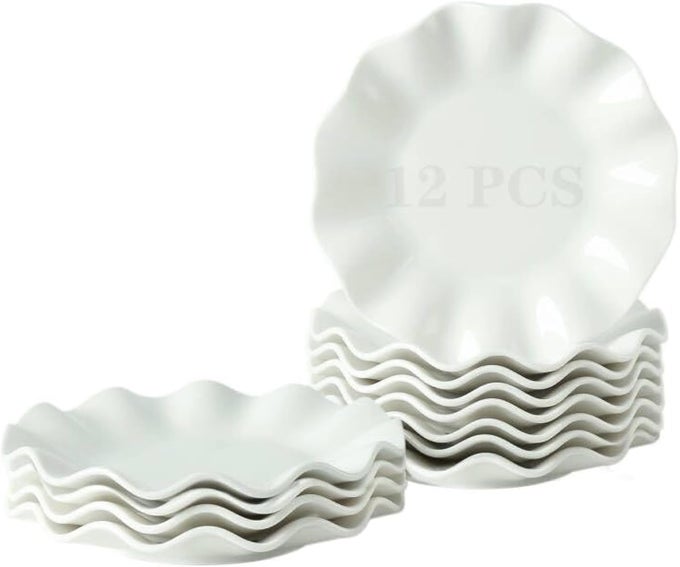 7 INCH PORCELAIN SMALL DINNER PLATES SET OF 12 WHITE APPETIZER PLATES WAVE RIM DESSERT SALAD PLATE SERVING DISHES FOR CAKE SNACK ICE CREAM WAFFLES MICROWAVE OVEN DISHWASHER SAFE