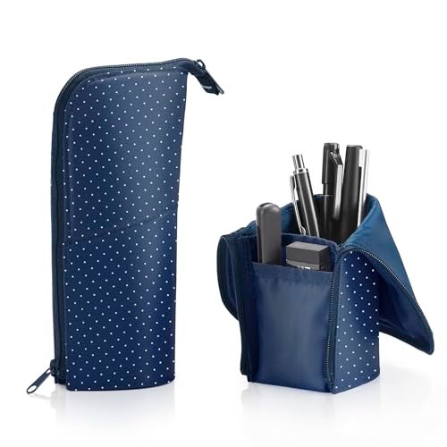 KOKUYO Pencil Case Pouch, Neo Critz Standing Pen Pouch Bag, Foldable Stand up Pencil Holder Organizer, Small Portable Pencil Box for School Office Supplies, Dot Navy, Regular Size (F-VBF180-6) - Image 1