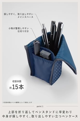 KOKUYO Pencil Case Pouch, Neo Critz Standing Pen Pouch Bag, Foldable Stand up Pencil Holder Organizer, Small Portable Pencil Box for School Office Supplies, Dot Navy, Regular Size (F-VBF180-6) - Image 2