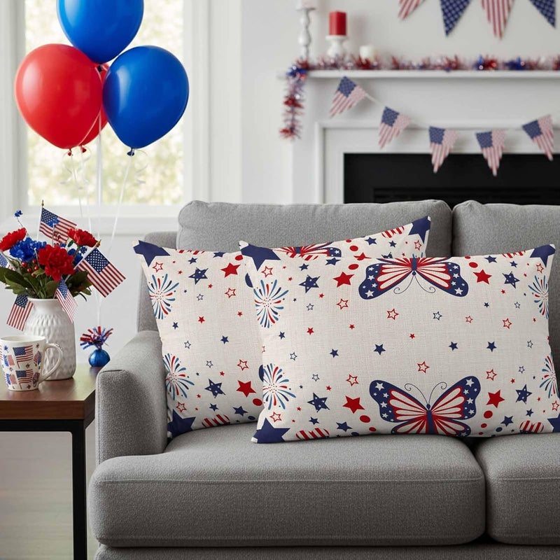 Outdoor Pillow Covers Independence Day Butterfly Star Decorative Throw Pillow Covers, Patriotic Celebration on Linen Throw Cushion Case with Zipper for Couch,Patio,Sofa,Garden 20x12in Set of 2 - Image 2