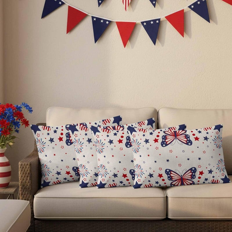 Outdoor Pillow Covers Independence Day Butterfly Star Decorative Throw Pillow Covers, Patriotic Celebration on Linen Throw Cushion Case with Zipper for Couch,Patio,Sofa,Garden 20x12in Set of 2 - Image 4